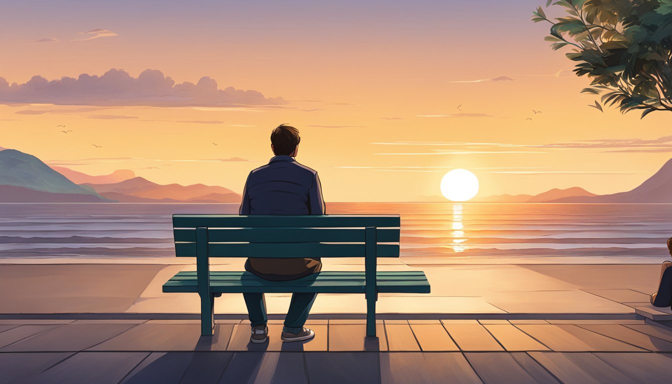 A person sitting on a bench, gazing at a sunset over a calm ocean, with a distant figure walking away