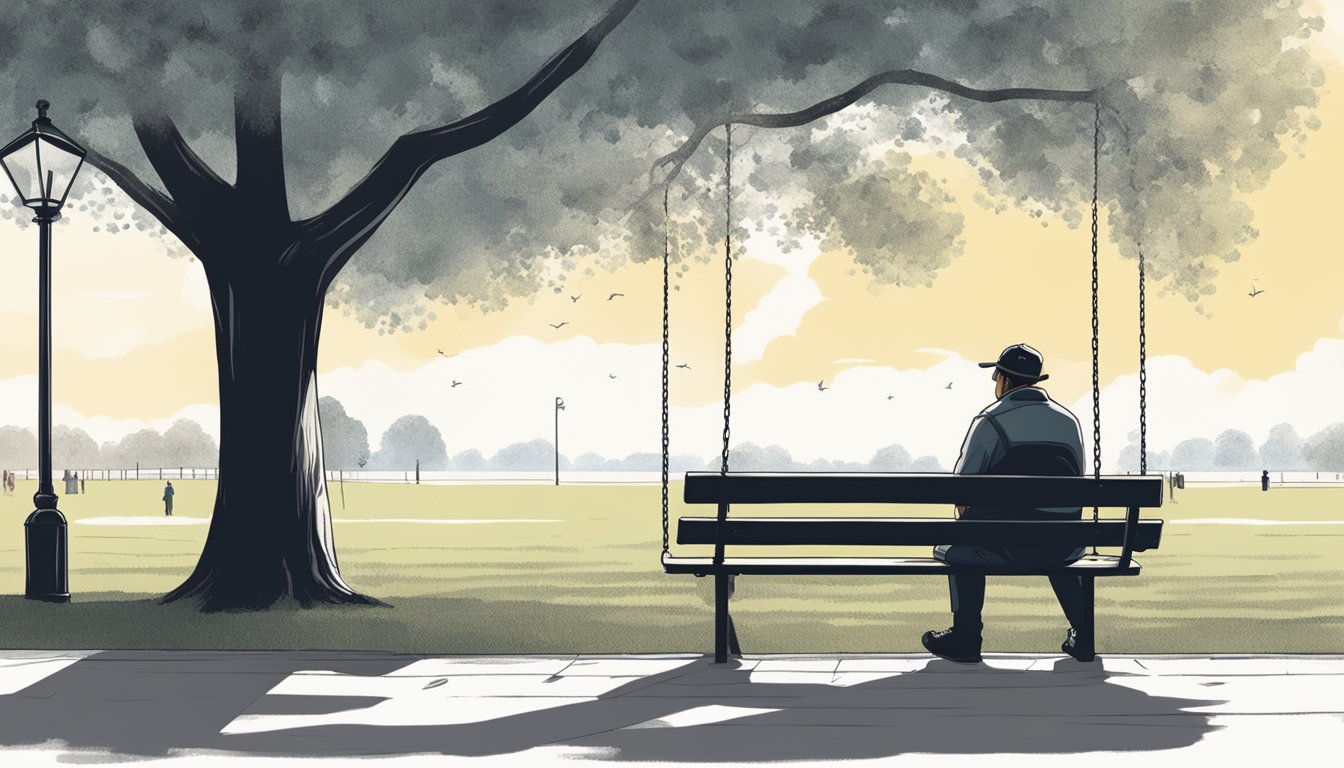 A lone figure sits on a park bench, surrounded by empty swings and deserted picnic tables, gazing wistfully at distant groups of friends laughing and chatting