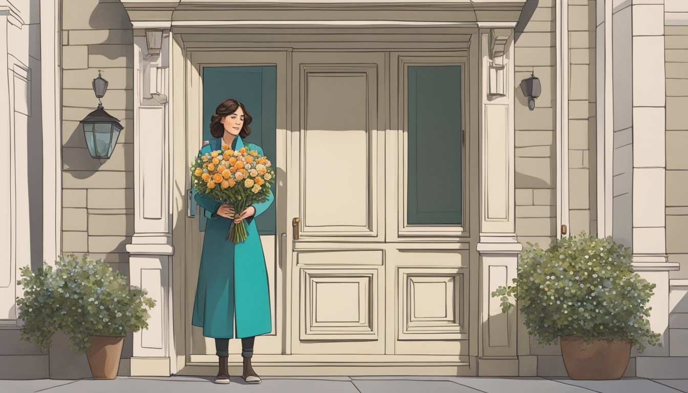 A person holding a bouquet of flowers outside a closed door