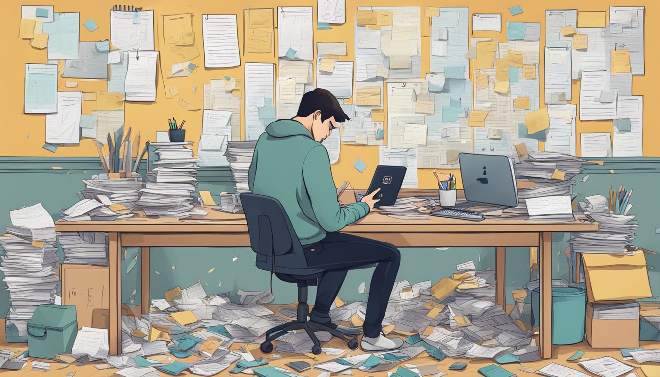 A person standing alone, looking at their phone with a mix of hope and apprehension, surrounded by a cluttered desk with scattered notes and a calendar marked with a countdown