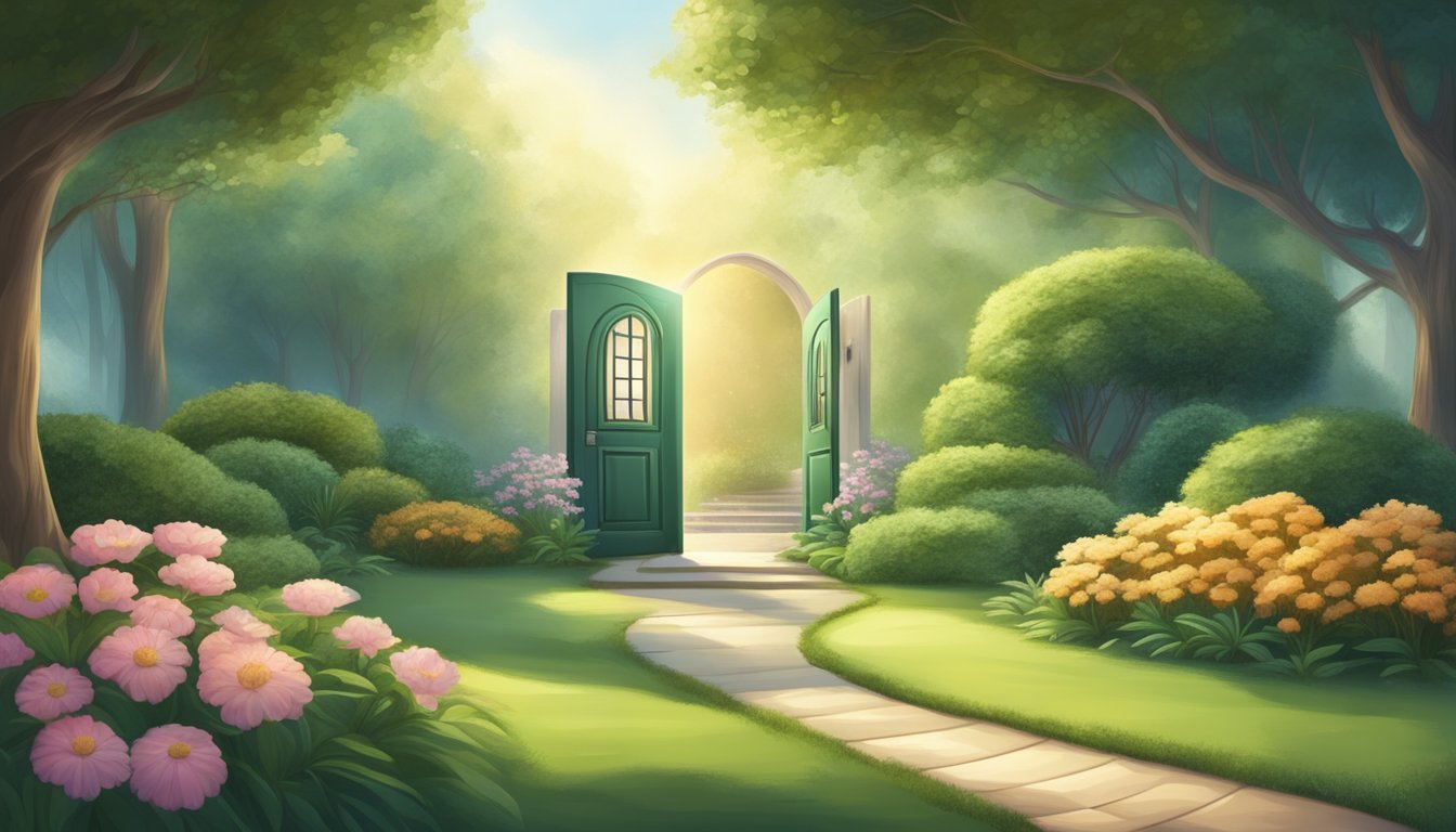 A serene garden with a path leading to a glowing door, symbolizing a fresh start and new beginnings