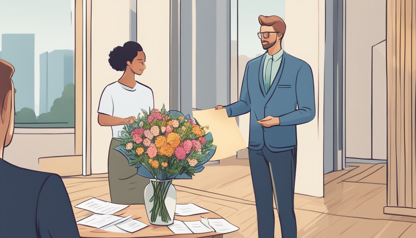 A person receiving a bouquet of flowers and a note from their ex