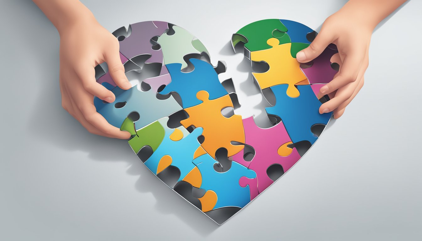 A broken heart-shaped puzzle being put back together