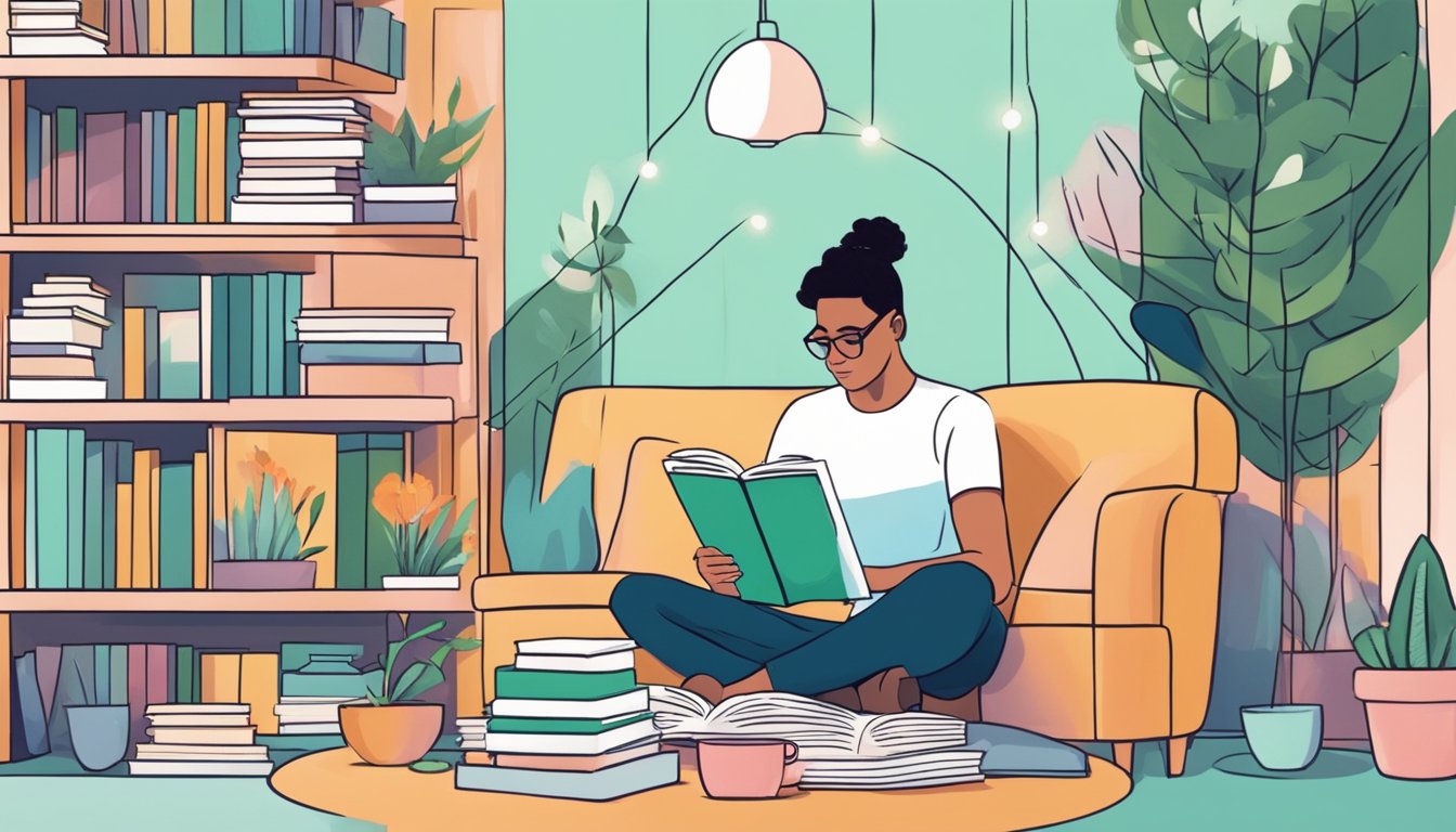 A person reading a wikiHow article on getting an ex back, surrounded by self-improvement books and personal growth resources