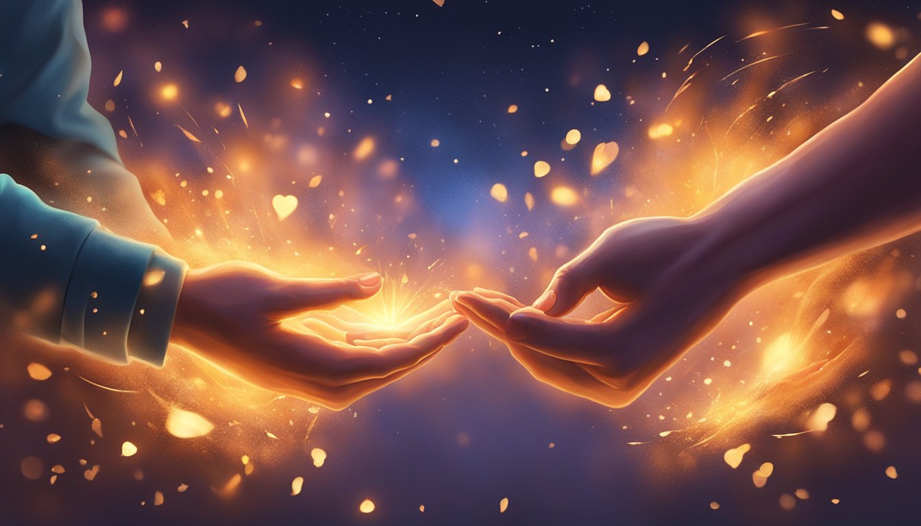 A couple's hands reaching out towards each other, surrounded by glowing embers and sparks, symbolizing rekindled love