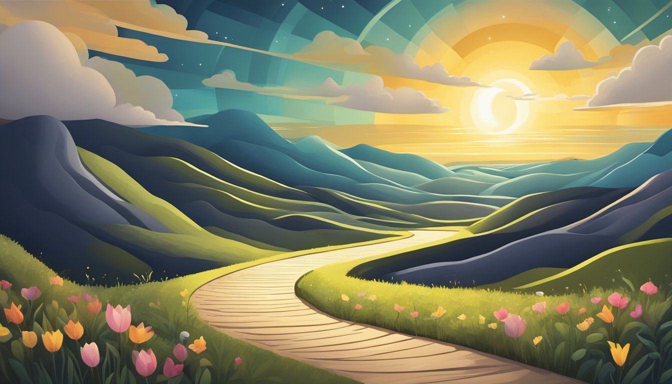 A winding path leading from darkness to light, symbolizing personal growth and self-improvement in the journey to win back an ex