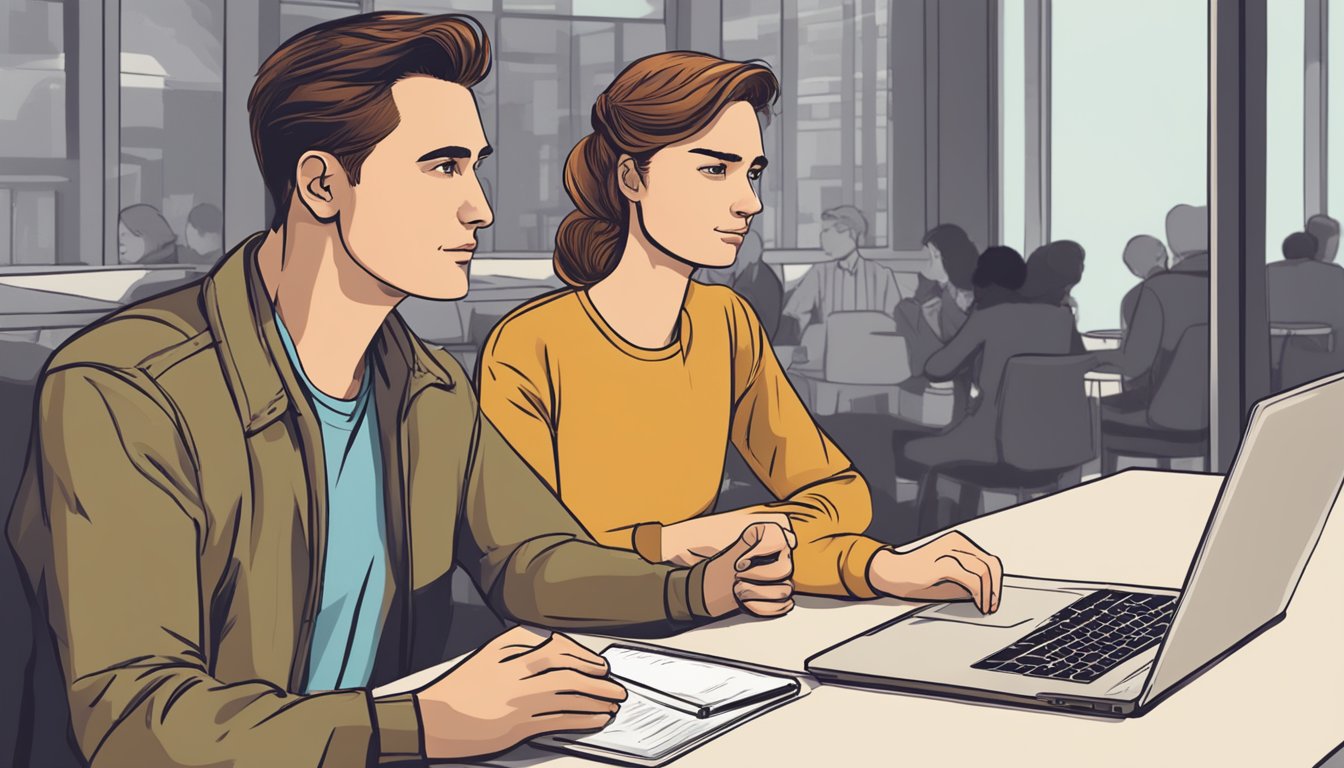 A man and a woman sit across from each other at a table, appearing to be in a serious discussion. The woman looks hopeful while the man seems unsure. A laptop with the "How to get your ex back wikihow" page open is visible on the table