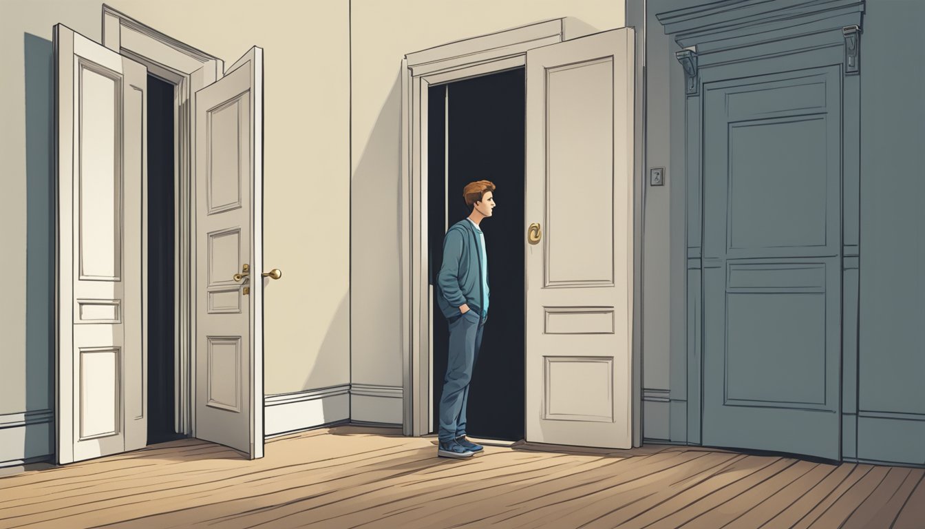 A person standing alone on a path, looking back at a closed door with a determined expression