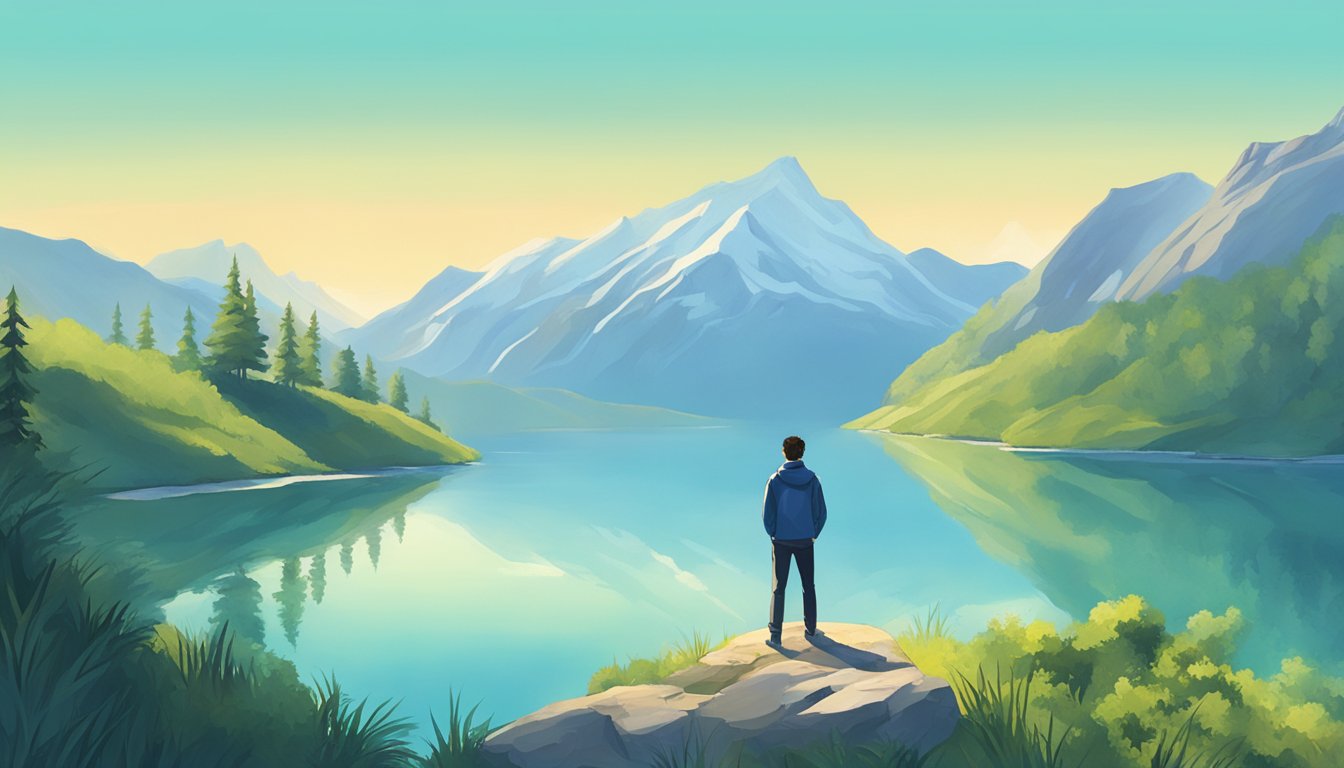 A person standing alone on a mountaintop, gazing at their reflection in a serene lake, surrounded by lush greenery and a clear blue sky