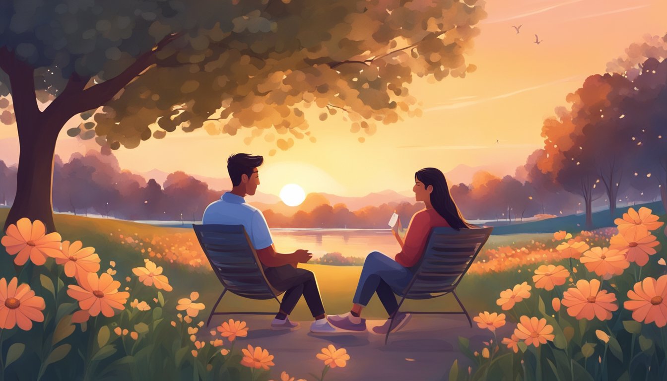 A couple sitting together in a peaceful park, talking and laughing, surrounded by blooming flowers and a warm sunset