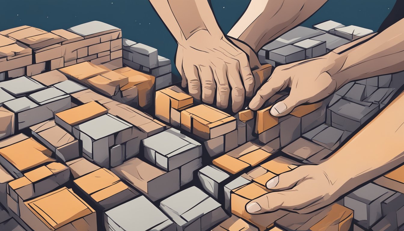 A couple's hands building a sturdy foundation with bricks and mortar