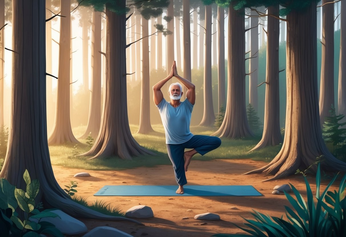 A serene forest clearing with a mature man practicing yoga on a mat surrounded by tall trees and the soft glow of early morning light