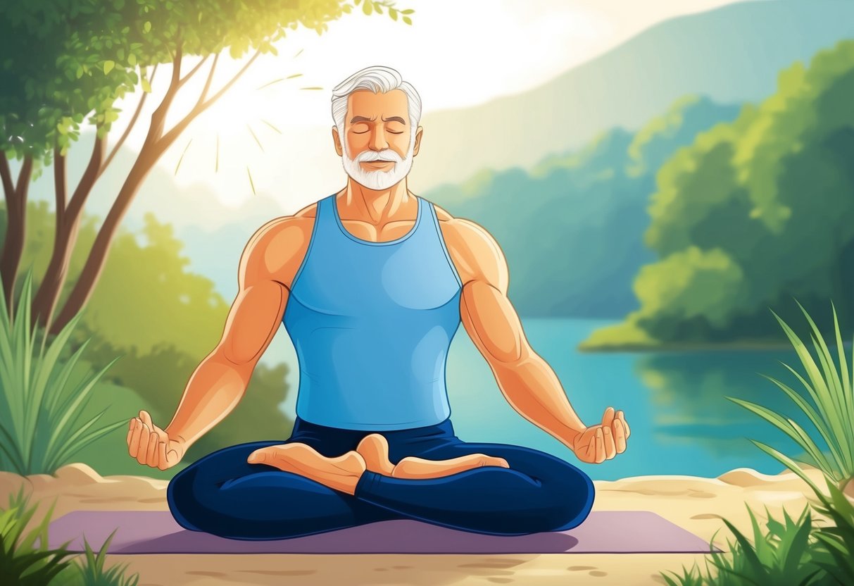 A serene, mature man practices yoga in a peaceful outdoor setting, surrounded by nature and sunlight. His strong, flexible body demonstrates the benefits of yoga for men over 50