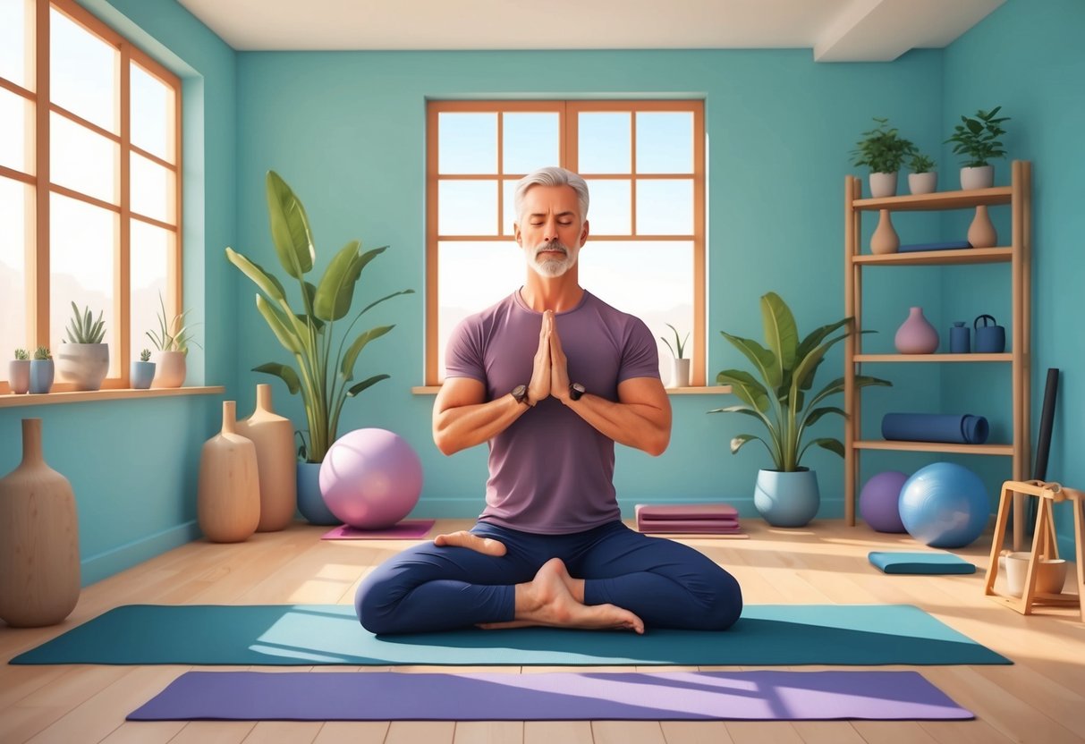 A serene yoga studio with a mature man practicing various yoga poses, surrounded by props and equipment