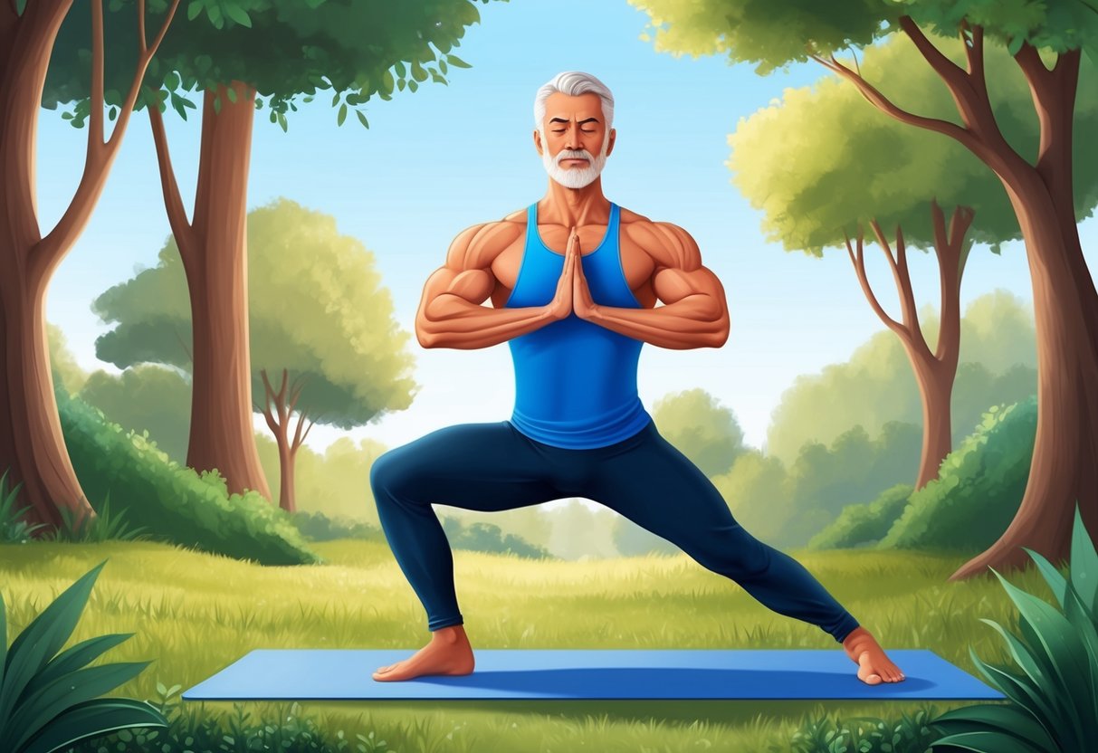 A mature man practicing yoga in a peaceful outdoor setting, surrounded by trees and nature, with a focus on strength and muscle-building poses