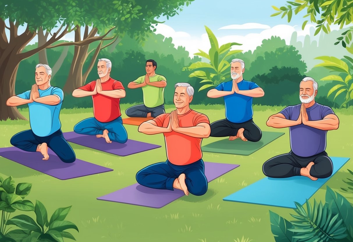A group of men over 50 practicing yoga in a peaceful outdoor setting, surrounded by lush greenery and focusing on heart-healthy poses
