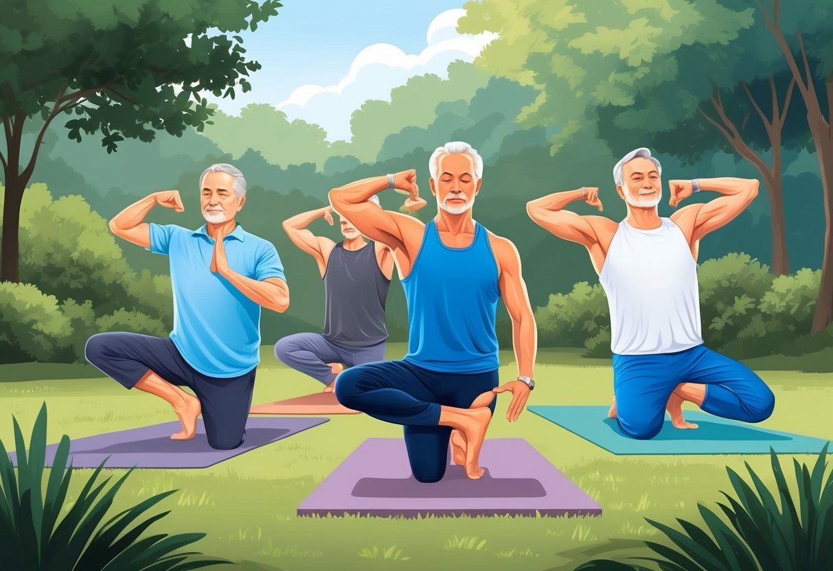 A group of mature men practicing yoga in a serene outdoor setting, focusing on joint mobility and strength exercises