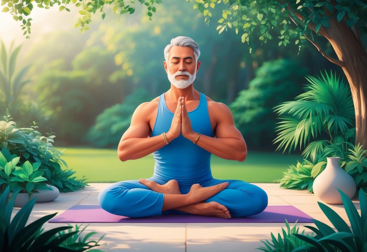 A serene, mature man practices yoga in a peaceful outdoor setting, surrounded by lush greenery and a tranquil atmosphere