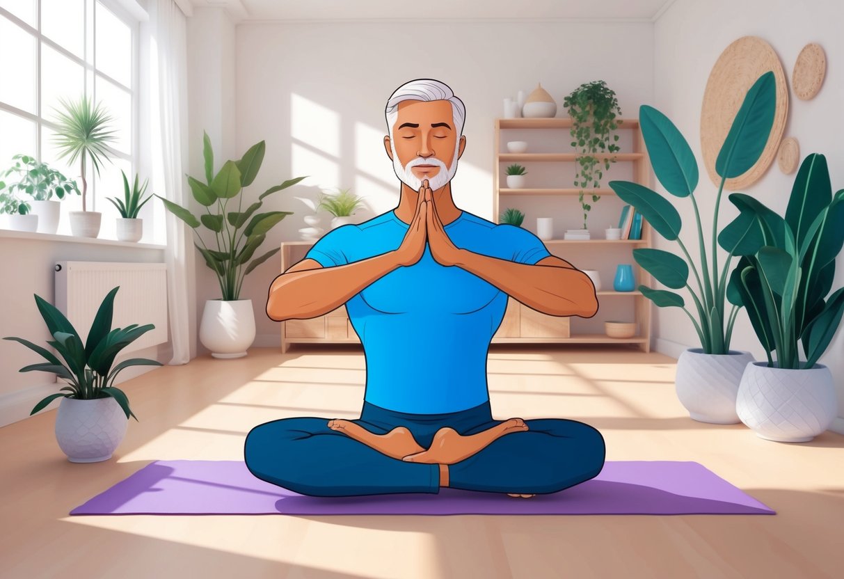 A serene, mature man practices yoga in a well-lit, spacious room, surrounded by plants and calming decor. He focuses on gentle, mindful movements to promote strength and flexibility