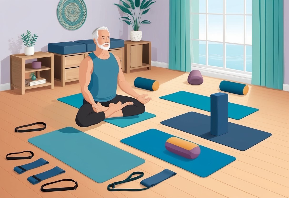 A serene yoga studio with mats, blocks, straps, and bolsters arranged for a male over 50's practice