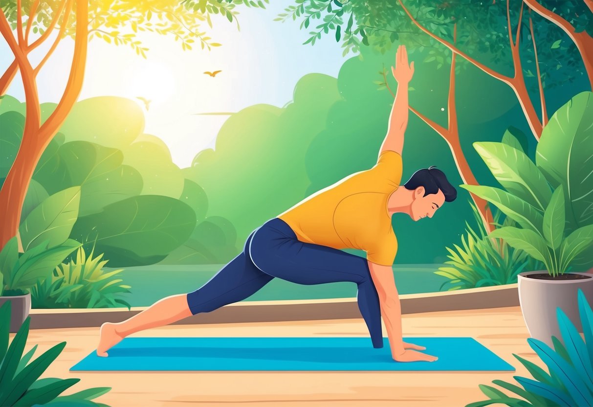 A serene outdoor setting with a man practicing yoga poses on a yoga mat, surrounded by nature and sunshine