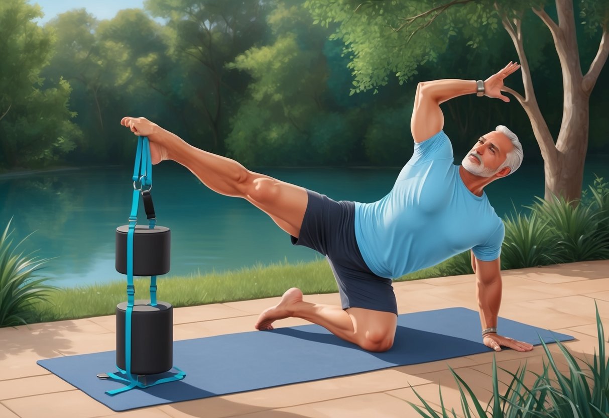 A serene outdoor setting with a mature man practicing challenging yoga poses with advanced techniques and equipment
