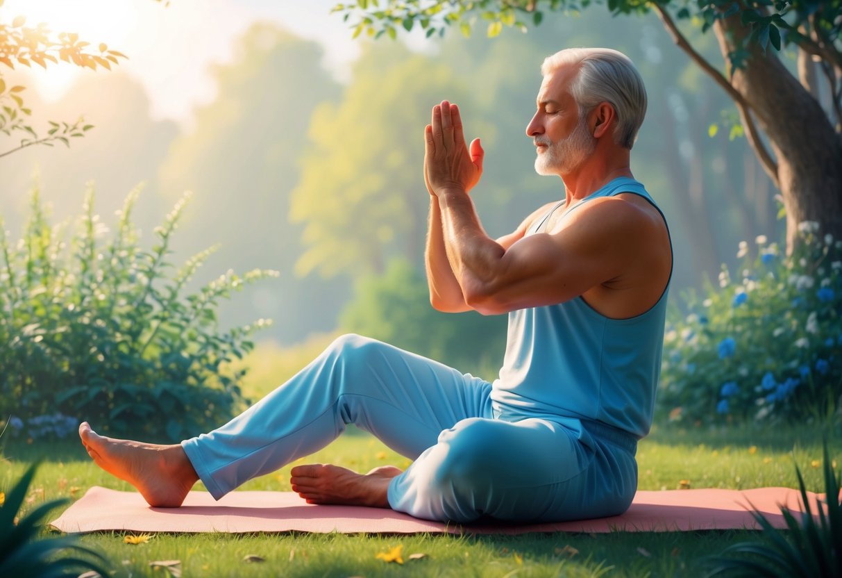 A serene, mature man practices yoga in a peaceful outdoor setting surrounded by nature and sunlight, demonstrating strength and flexibility