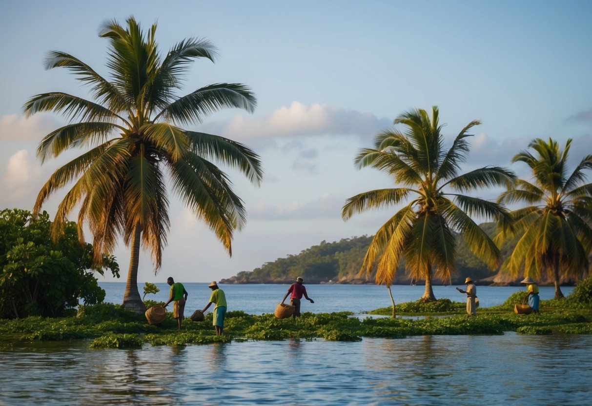 A serene coastal landscape with a traditional palm tree grove and a local community harvesting batana fruit for oil extraction