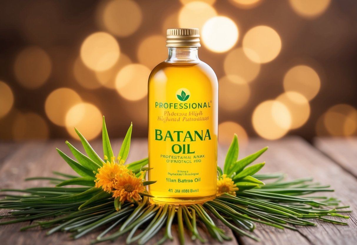 A bottle of batana oil surrounded by vibrant, healthy hair strands