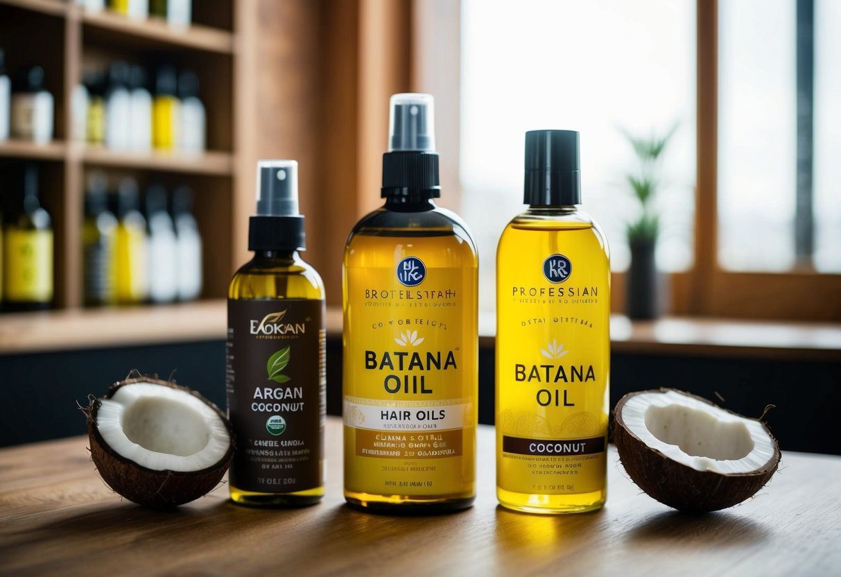 A bottle of batana oil stands next to various other hair oils, with ingredients like argan and coconut, on a wooden table