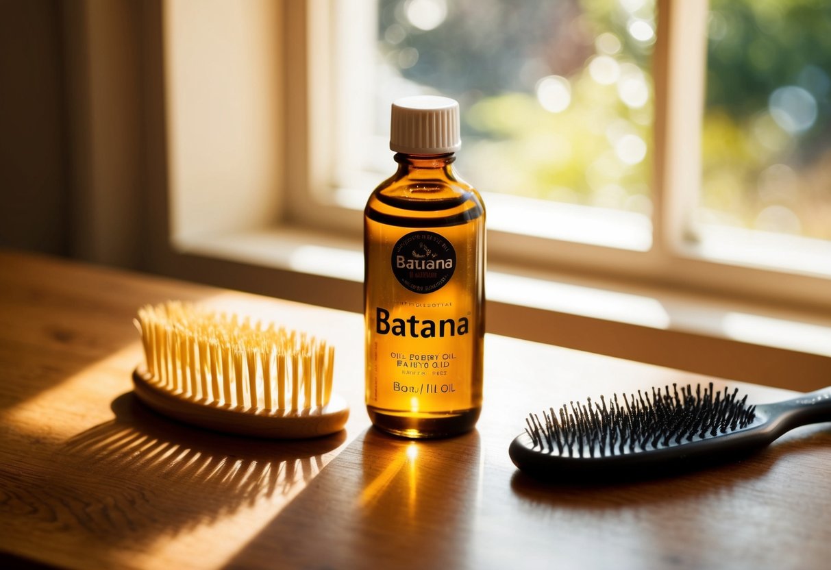 A small bottle of batana oil sits on a wooden table beside a comb and a hairbrush. Sunlight streams through a nearby window, illuminating the rich golden color of the oil