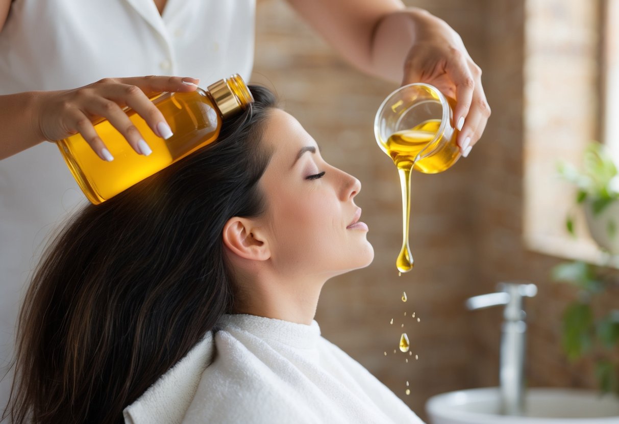 A woman pours batana oil onto her palm, then massages it into her hair, focusing on the roots and ends