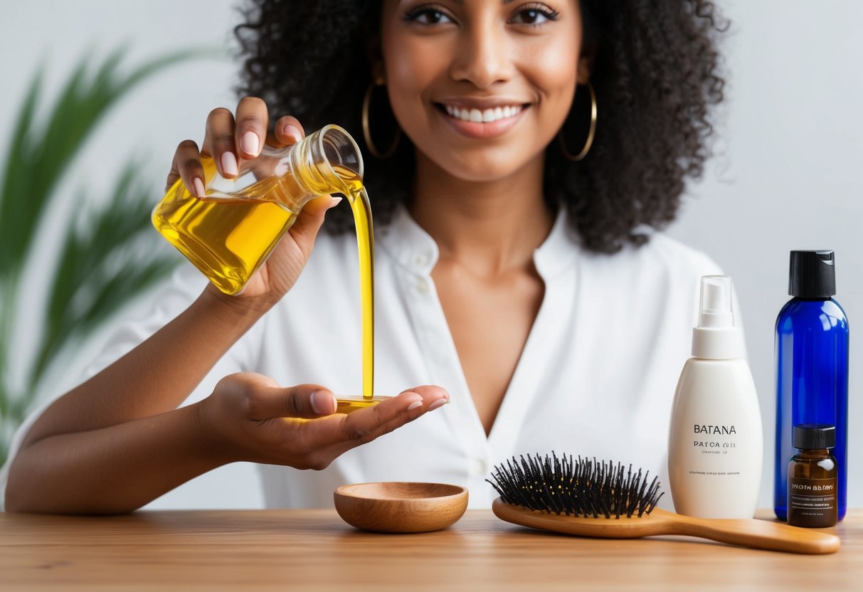 A woman pouring batana oil onto her palm, with a hairbrush and various haircare products nearby