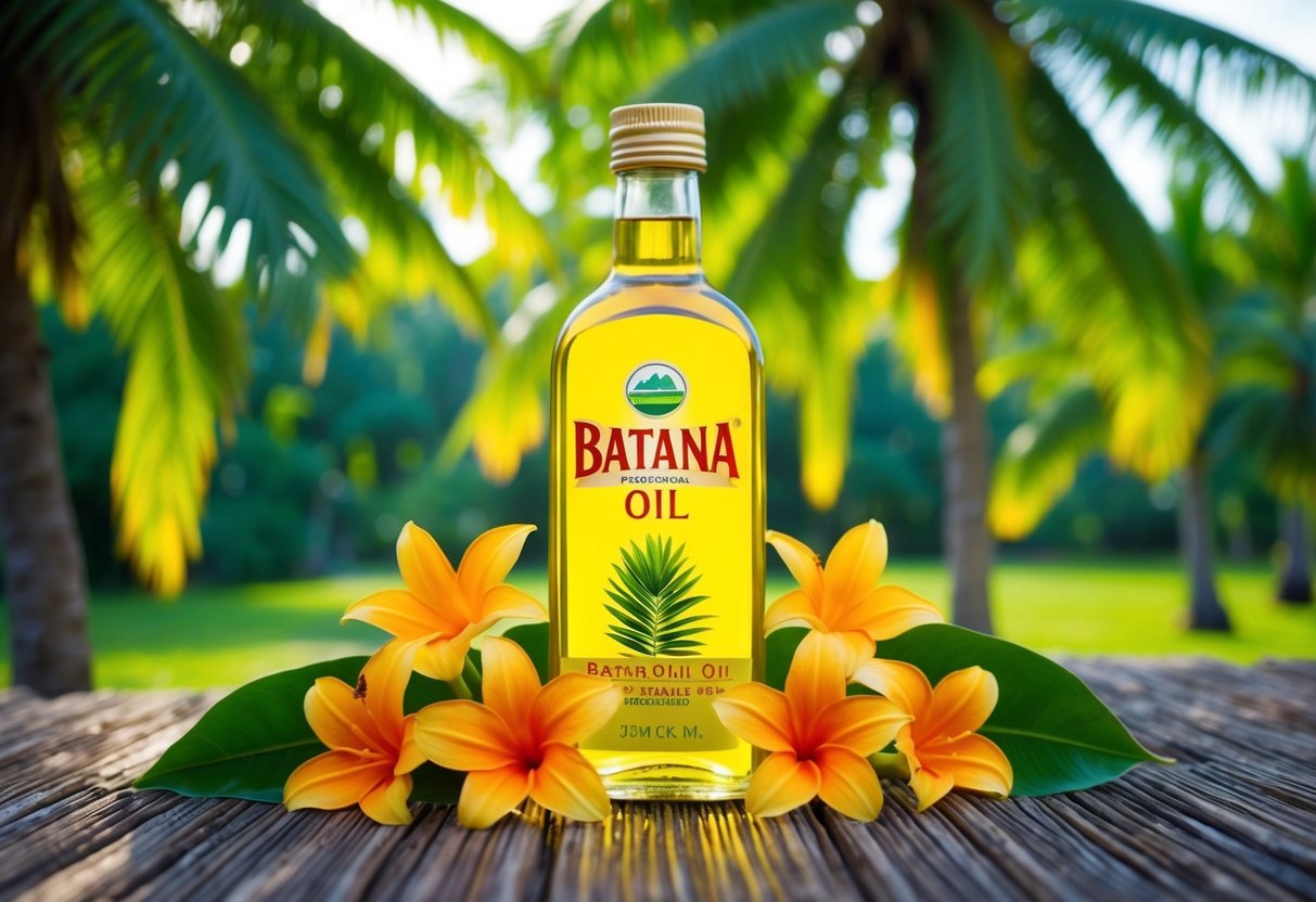 A bottle of Batana oil surrounded by lush green palm trees and vibrant tropical flowers