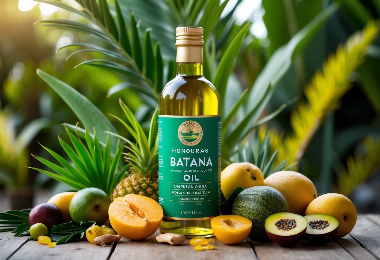 A bottle of Honduras batana oil surrounded by various tropical fruits and plants, showcasing its natural and nourishing properties