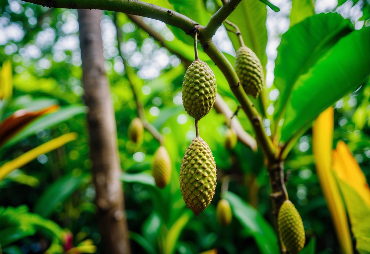 A tropical forest with indigenous honduras batana oil nuts hanging from lush green trees, surrounded by vibrant flora and fauna