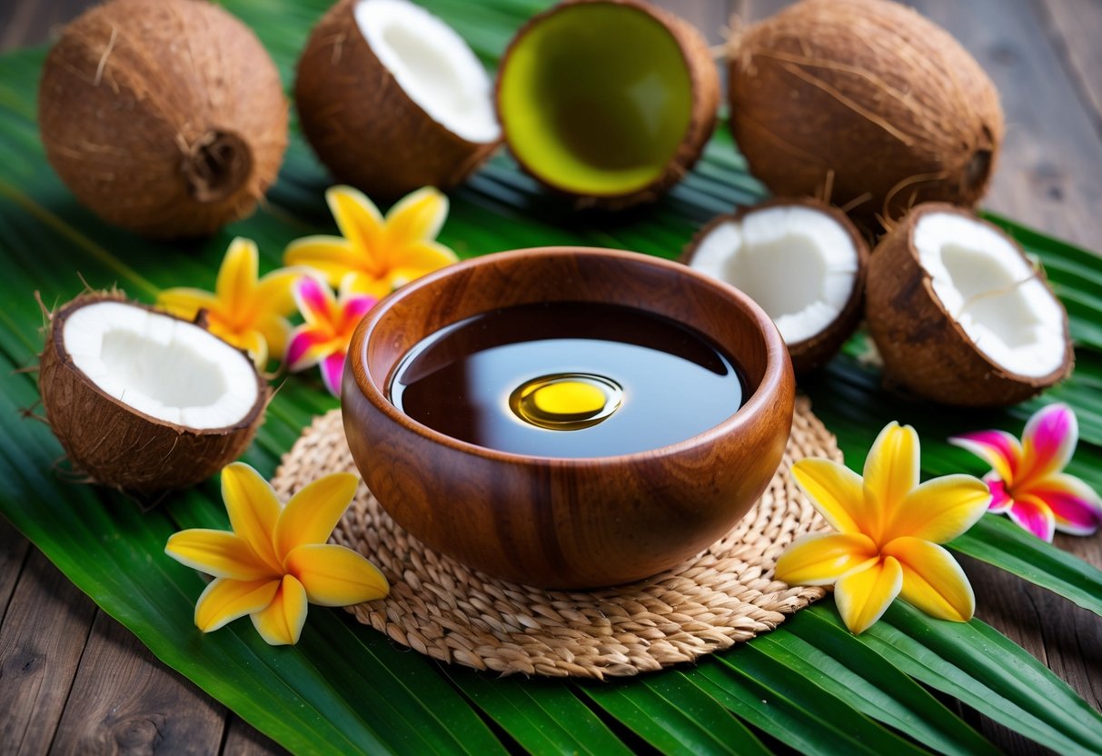 A rustic wooden bowl filled with batana oil sits on a woven palm leaf mat, surrounded by freshly harvested coconuts and vibrant tropical flowers