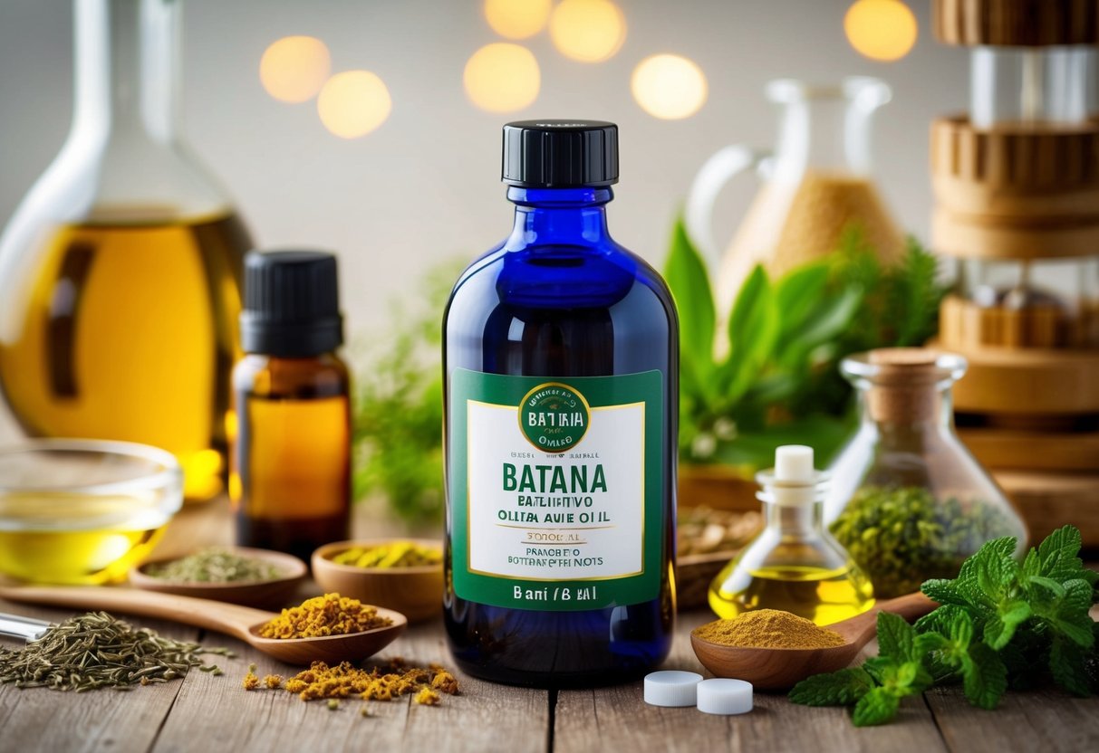 A glass bottle of Batana oil sits surrounded by botanical ingredients and scientific equipment