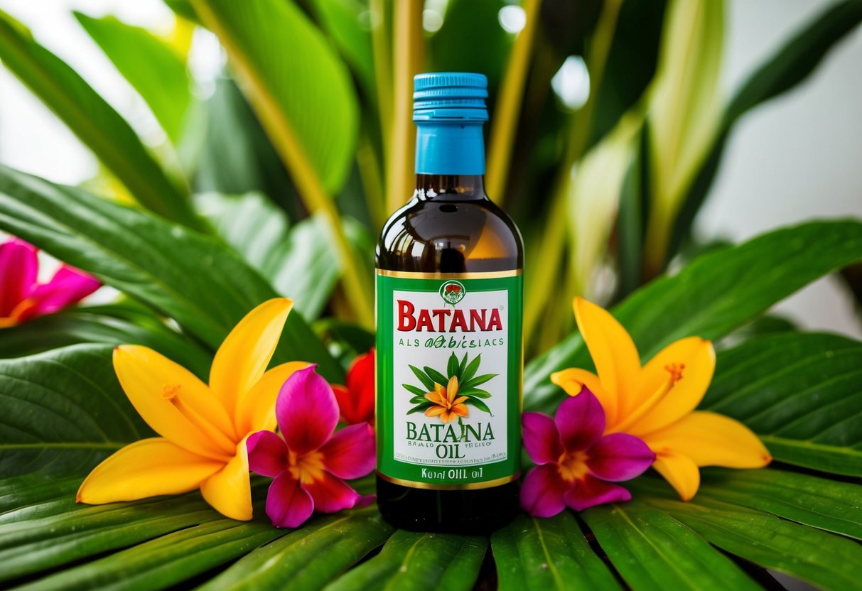 A bottle of Batana oil surrounded by lush tropical foliage and colorful flowers