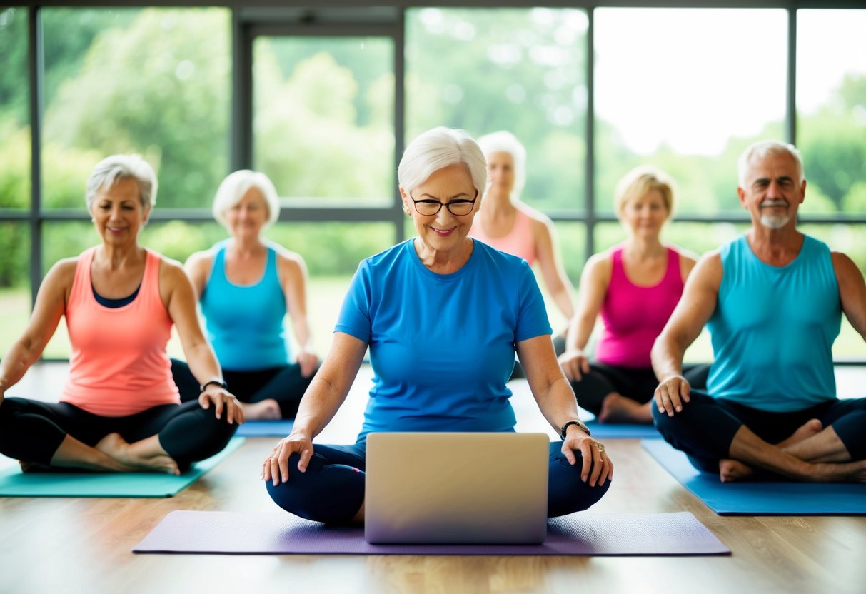 A group of seniors engaging in various low-impact exercises, such as yoga and light weightlifting, using a laptop or tablet to access online exercise platforms