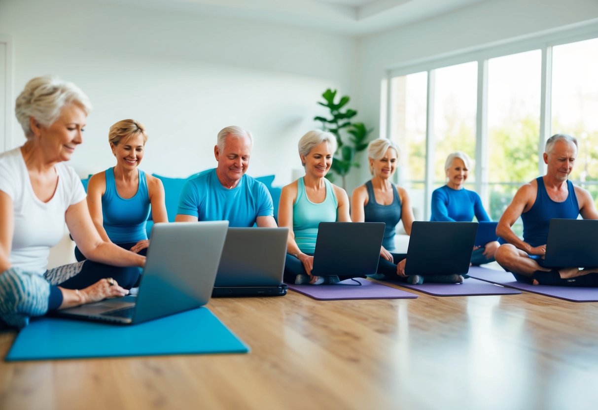 A group of seniors engaging in various online exercise activities, such as yoga, strength training, and low-impact cardio, using laptops or tablets in a bright and spacious living room setting
