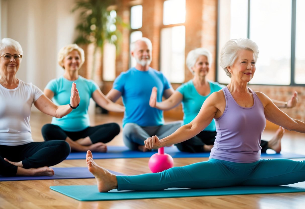 A group of seniors engaging in various exercises, such as yoga, stretching, and light weightlifting, while following along with an online exercise platform