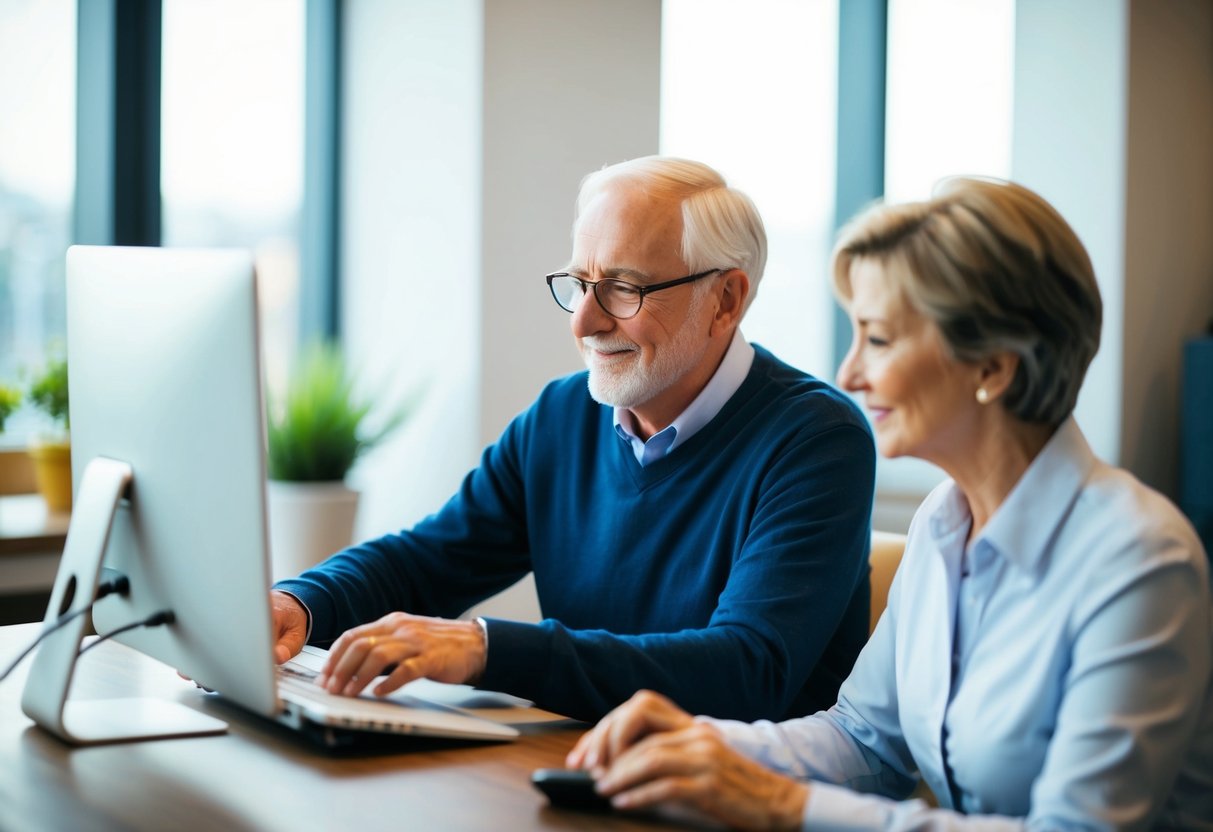 A senior using a computer to access an online exercise platform, with a professional guide providing assistance
