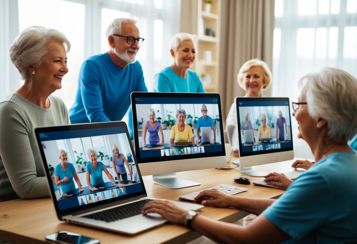 A group of seniors engage in virtual exercise classes on their computers, following along with instructors and interacting with each other through the online platform