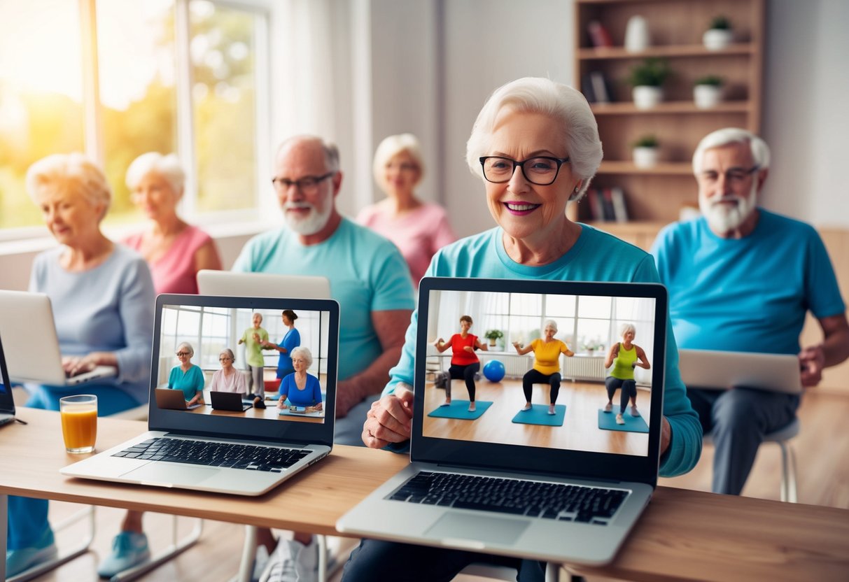 A group of seniors engage in virtual exercise classes on their laptops, following along with instructors on the screen. The room is filled with light and energy as they work to improve their health and well-being