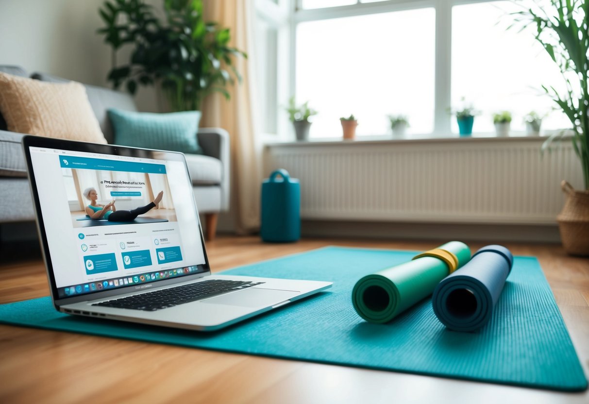 A cozy living room with a yoga mat, resistance bands, and a laptop displaying an online exercise platform for seniors. Bright natural light filters in through a large window, creating a peaceful atmosphere