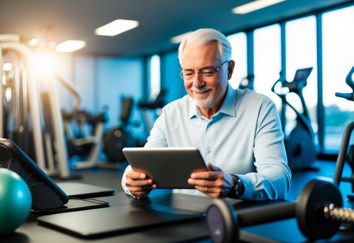 A senior using a tablet to access an online exercise platform, surrounded by fitness equipment and technology