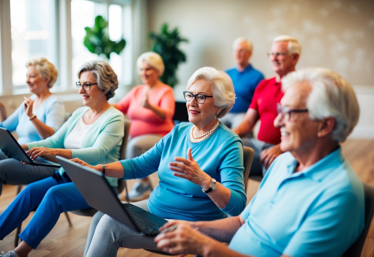 A group of seniors engage in virtual exercise classes, connecting with each other and their instructors through their screens