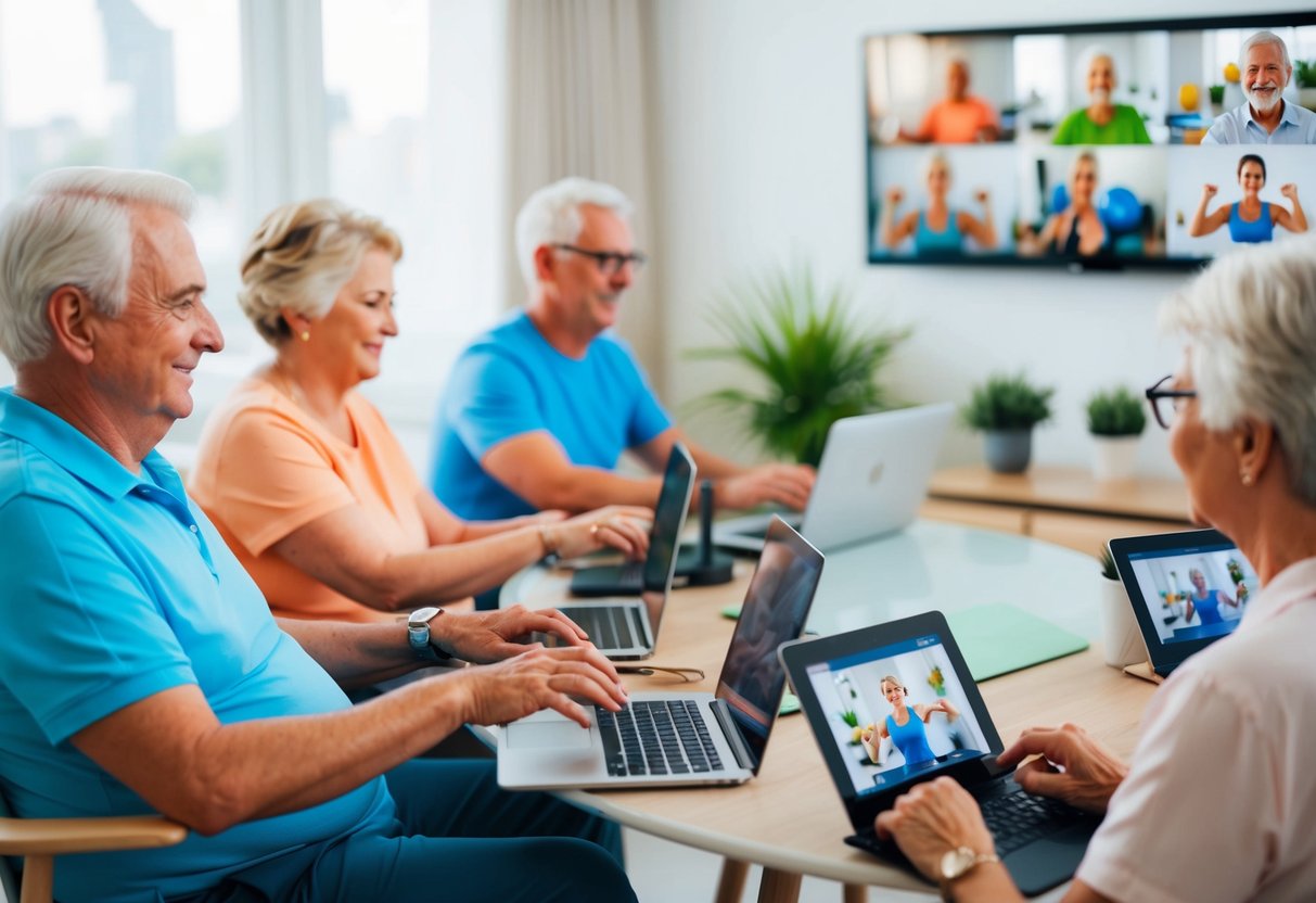A group of seniors using various online exercise platforms at home, with laptops or tablets, following along with instructors on the screen