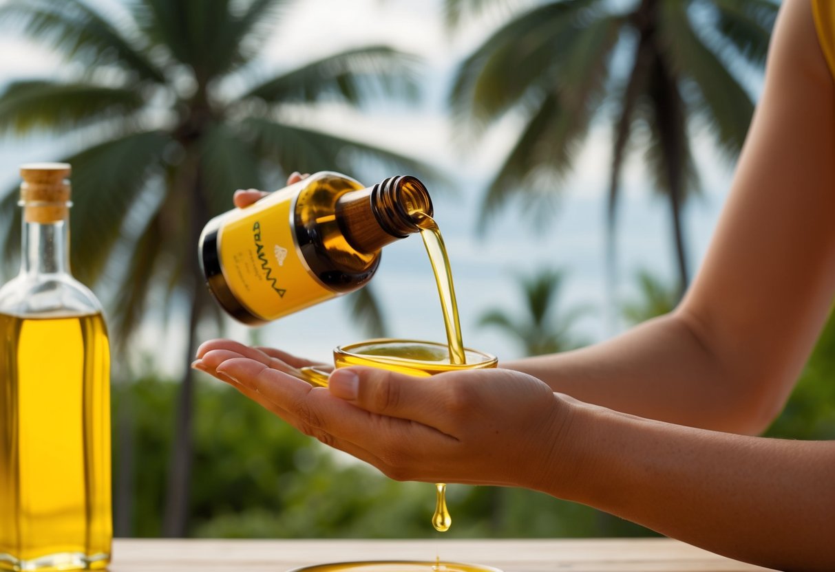 A woman pouring batana oil into her hand, with a bottle and palm trees in the background